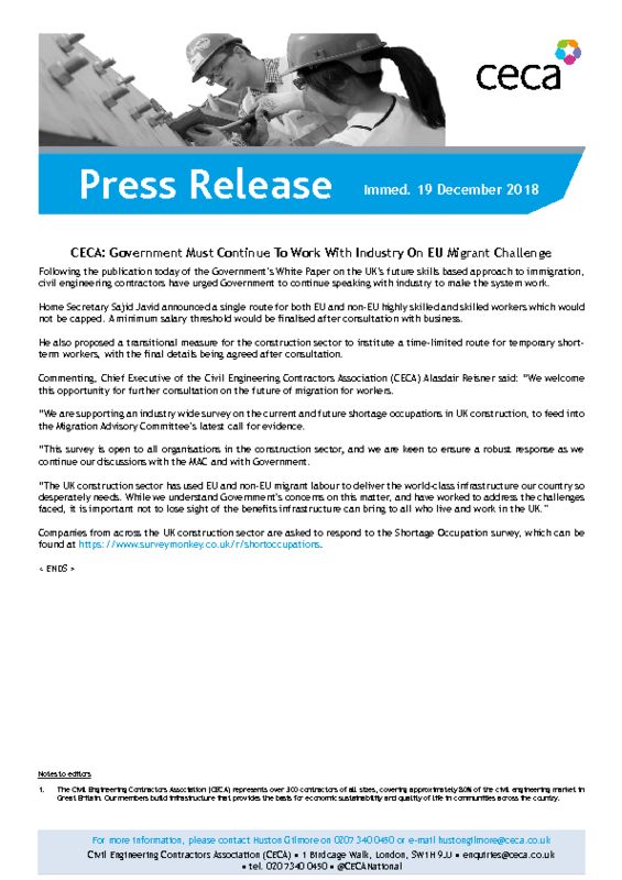 thumbnail of PRESS RELEASE – CECA – Government Must Continue To Work With Industry On EU Migrant Challenge – Immed. 19 December 2018