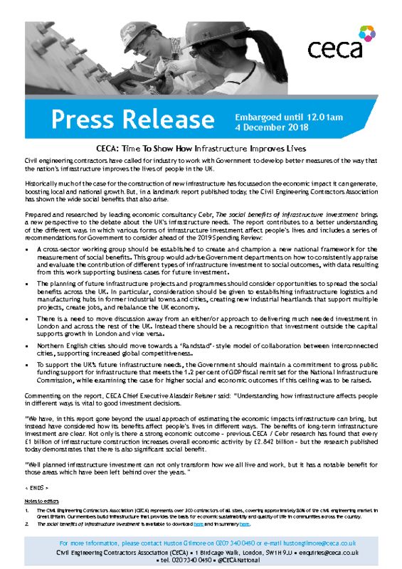 thumbnail of PRESS RELEASE – CECA – Time To Show How Infrastructure Improves Lives – EMBARGOED until 12.01am 4 December 2018