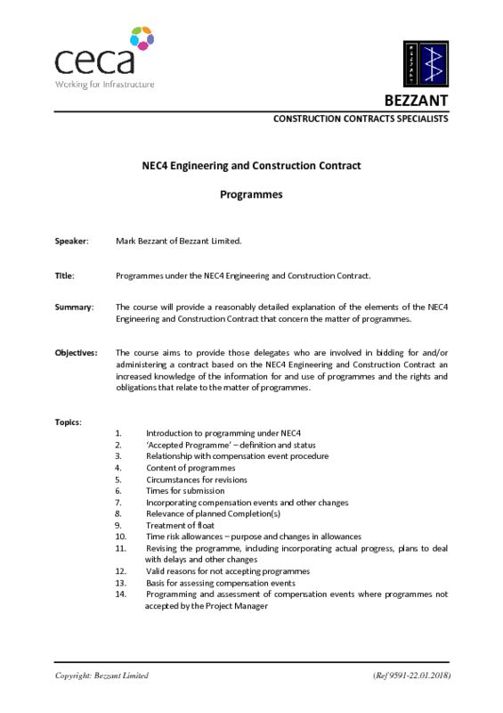 thumbnail of CECA Bezzant Training Course-Outline Programme (Ref 9591-22.01.2018)-NEC4 ECC Programmes