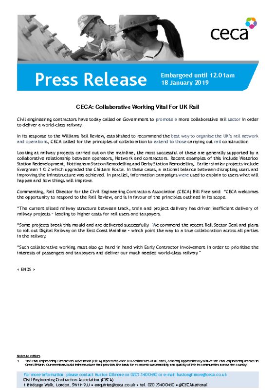 thumbnail of PRESS RELEASE – CECA – Collaborative Working Vital For UK Rail – EMBARGOED until 12.01am 18 January 2019