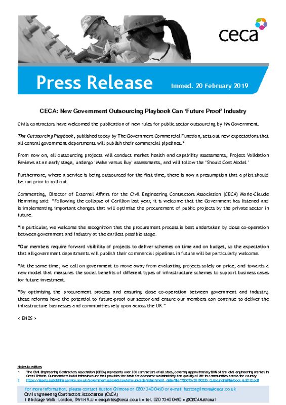 thumbnail of PRESS RELEASE – CECA – New Government Outsourcing Playbook Can Future Proof Industry – Immed. 20 February 2019