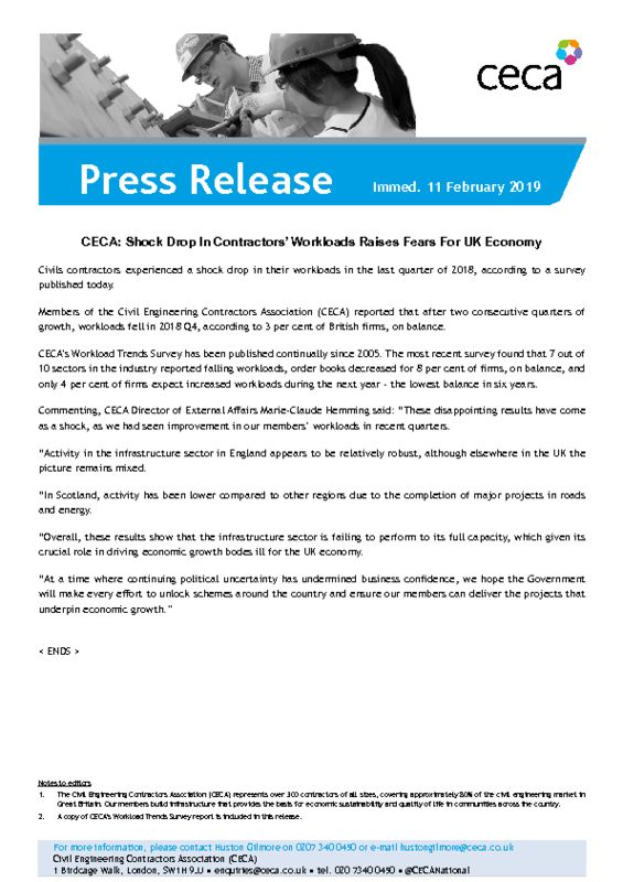 thumbnail of PRESS RELEASE – CECA – Shock Drop In Contractors’ Workloads Raises Fears For UK Economy – Immed. 11 February 2019