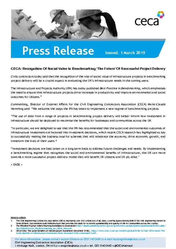 thumbnail of PRESS RELEASE – CECA – Recognition of Social Value In Benchmarking The Future Of Successful Project Delivery – Immed. 1 March 2019