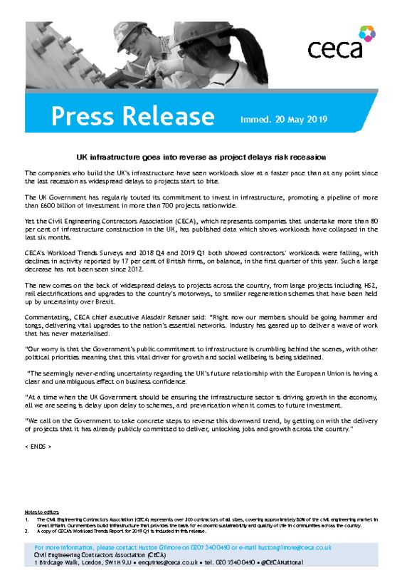 thumbnail of PRESS RELEASE – CECA – UK infrastructure goes into reverse as project delays risk recession – Immed. 20 May 2019