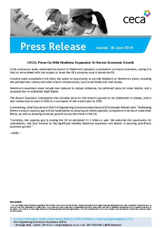 thumbnail of PRESS RELEASE – CECA – Press On With Heathrow Expansion To Secure Economic Growth – Immed. 18 June 2019