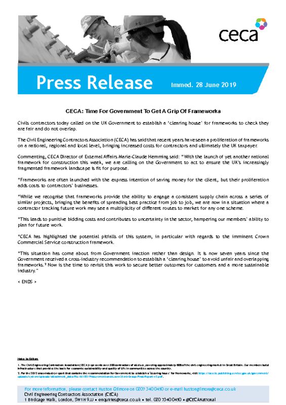 thumbnail of PRESS RELEASE – CECA – Time For Government To Get A Grip Of Frameworks – Immed. 28 June 2019