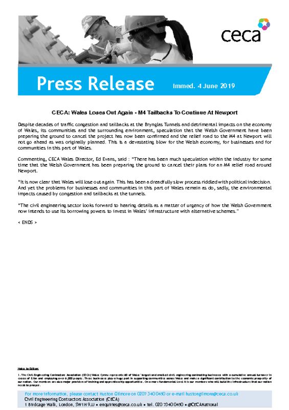 thumbnail of PRESS RELEASE – CECA – Wales Loses Out Again – M4 Tailbacks To Continue At Newport – Immed. 4 June 2019