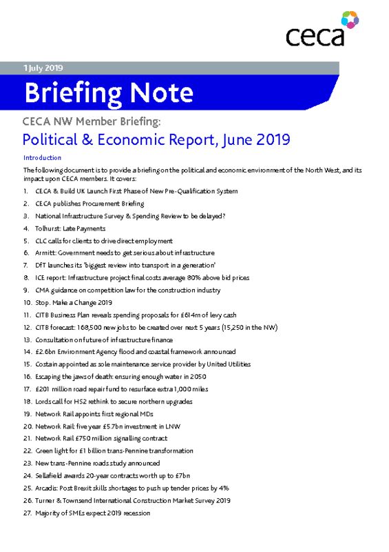thumbnail of CECA Briefing Note – CECA NW Economic & Political Report – June 2019