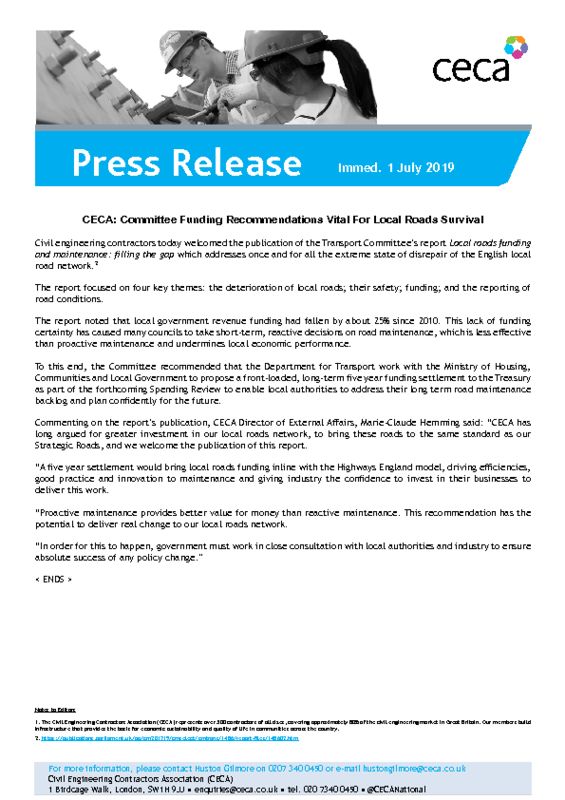 thumbnail of PRESS RELEASE – CECA – Committee Funding Recommendations Vital For Local Roads Survival – Immed. 1 July 2019