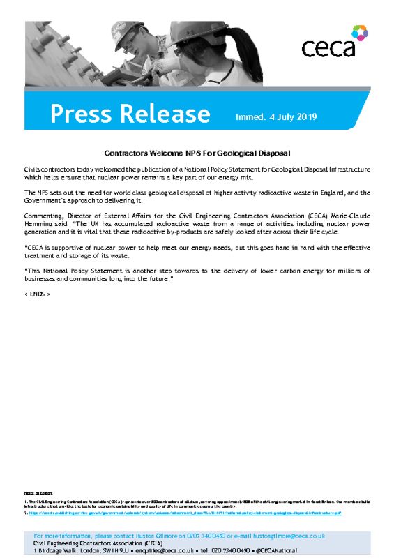 thumbnail of PRESS RELEASE – CECA – Contractors Welcome NPS For Geological Disposal – Immed. 4 July 2019