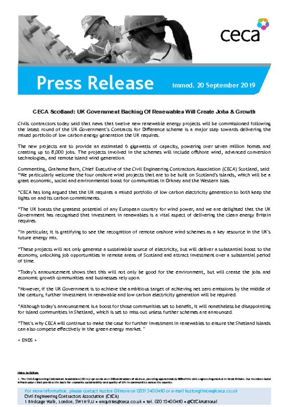 thumbnail of PRESS RELEASE – CECA UK Government Backing Of Renewables Will Create Jobs and Growth – Immed. 20 September 2019