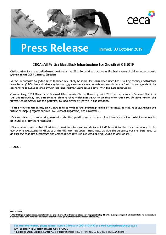 thumbnail of PRESS RELEASE – CECA – All Parties Must Commit To Infrastructure For Growth At GE 2019 – Immed. 30 October 2019