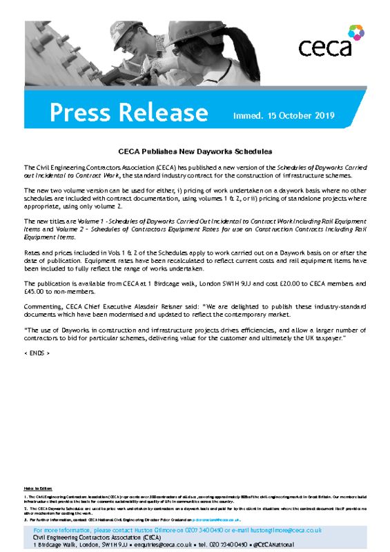 thumbnail of PRESS RELEASE – CECA – CECA Publish New Dayworks Schedule – Immed. 15 October 2019