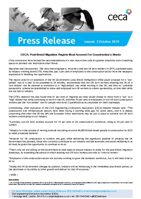 thumbnail of PRESS RELEASE – CECA – Post-Brexit Migration Regime Must Account For Construction’s Needs – Immed. 3 October 2019