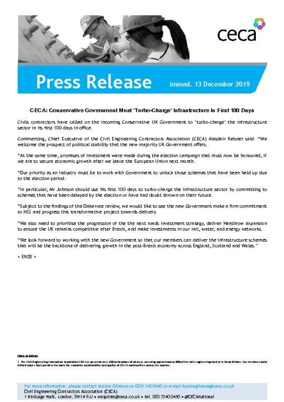 thumbnail of PRESS RELEASE – CECA – Conservative Government Must Turbo-Charge Infrastructure In First 100 Days – Immed. 13 December 2019