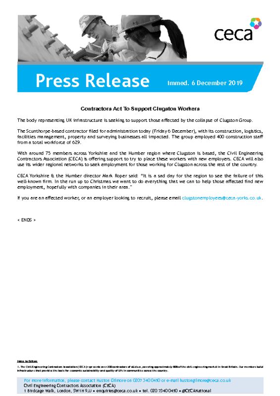 thumbnail of PRESS RELEASE – CECA – Contractors Act To Support Clugston Workers – Immed. 6 December 2019