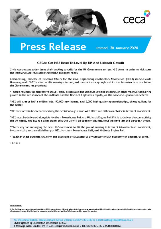 thumbnail of PRESS RELEASE – CECA – Get HS2 Done To Level Up UK and Unleash Economic Growth – Immed. 20 January 2020