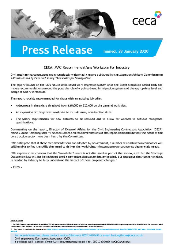 thumbnail of PRESS RELEASE – CECA – MAC Recommendations Workable For Industry – Immed. 28 January 2020