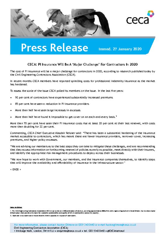 thumbnail of PRESS RELEASE – CECA – PI Insurance Will Be A Major Challenge For Contractors In 2020 – Immed. 27 January 2020