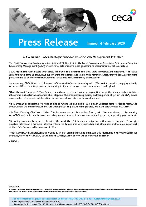 thumbnail of PRESS RELEASE – CECA – CECA To Join LGA’s Strategic Supplier Relationship Management Initiative – Immed. 4 February 2020