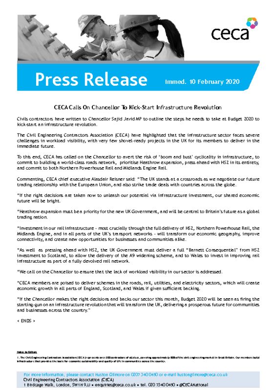 thumbnail of PRESS RELEASE – CECA Calls On Chancellor To Kick-Start Infrastructure Revolution – 10 February 2020
