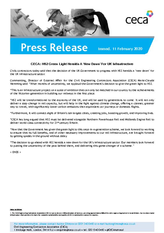 thumbnail of PRESS RELEASE – CECA – HS2 Green Light Heralds A New Dawn For UK Infrastructure – Immed. 11 February 2020