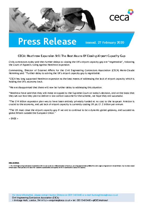 thumbnail of PRESS RELEASE – CECA – Heathrow Expansion Still The Best Means Of Closing Airport Capacity Gap – Immed. 27 February 2020