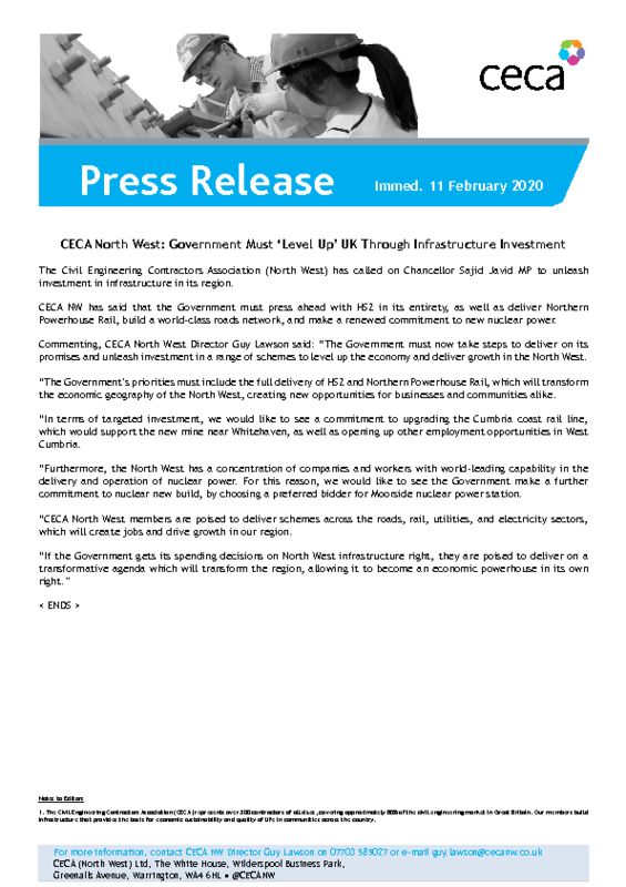 thumbnail of PRESS RELEASE – CECA North West – Government Must ‘Level Up’ UK Through Infrastructure Investment – Immed. 11 February 2020