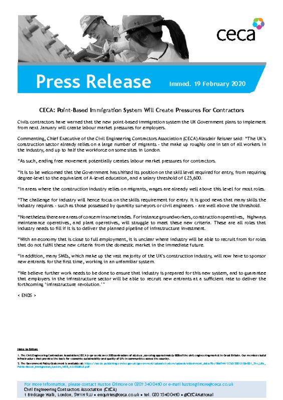 thumbnail of PRESS RELEASE – CECA – Points-Based Immigration System Will Create Pressure For Contractors – Immed. 19 February 2020