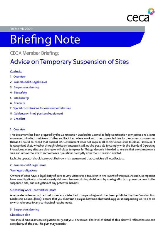 thumbnail of CECA Briefing Note – Advice on Temporary Suspension of Sites – 30 March 2020