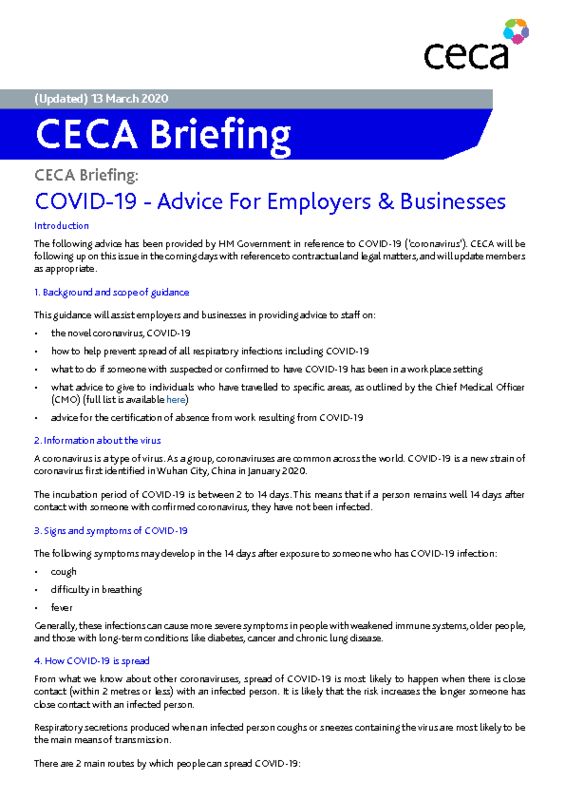 thumbnail of CECA Briefing Note – COVID 19 – Advice For Employers and Businesses – updated 13 March 2020