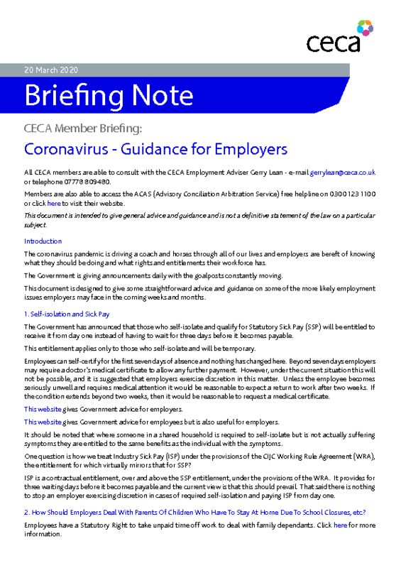 thumbnail of CECA Briefing Note – Coronavirus – Guidance for Employers – 20 March 2020
