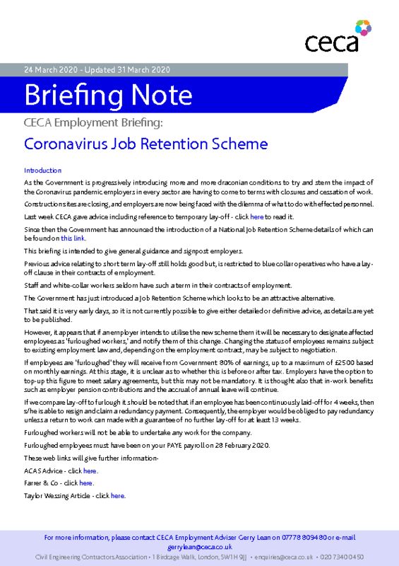 thumbnail of CECA Briefing Note – Coronavirus Job Retention Scheme – 24 March 2020 – Updated 31 March 2020