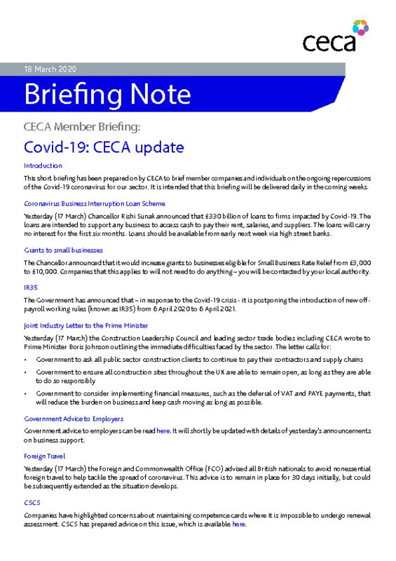 thumbnail of CECA Briefing Note – Covid-19 – CECA Update – 18 March 2020