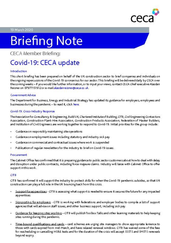 thumbnail of CECA Briefing Note – Covid-19 – CECA Update – 19 March 2020