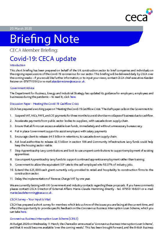 thumbnail of CECA Briefing Note – Covid-19 – CECA Update – 20 March 2020