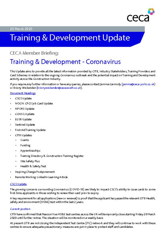 thumbnail of CECA Training & Development Briefing – Coronavirus & Construction – 20 March 2020