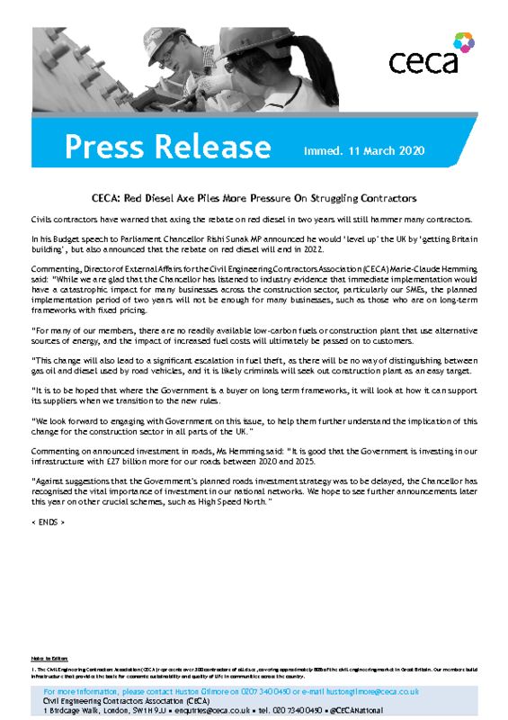 thumbnail of PRESS RELEASE – CECA – Red Diesel Axe Piles More Pressure On Struggling Contractors – Immed. 11 March 2020