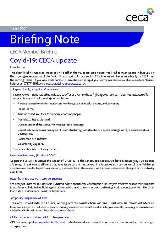 thumbnail of CECA Briefing Note – Covid-19 – CECA Update – 1 April 2020 2020