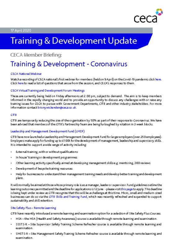 thumbnail of CECA Training & Development Briefing – Coronavirus & Construction – 17 April 2020
