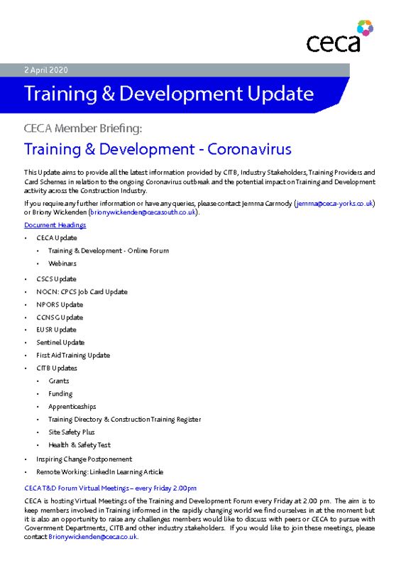 thumbnail of CECA Training & Development Briefing – Coronavirus & Construction – 2 April 2020