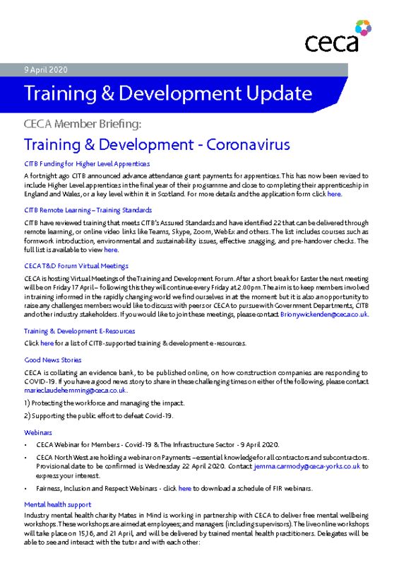 thumbnail of CECA Training & Development Briefing – Coronavirus & Construction – 9 April 2020