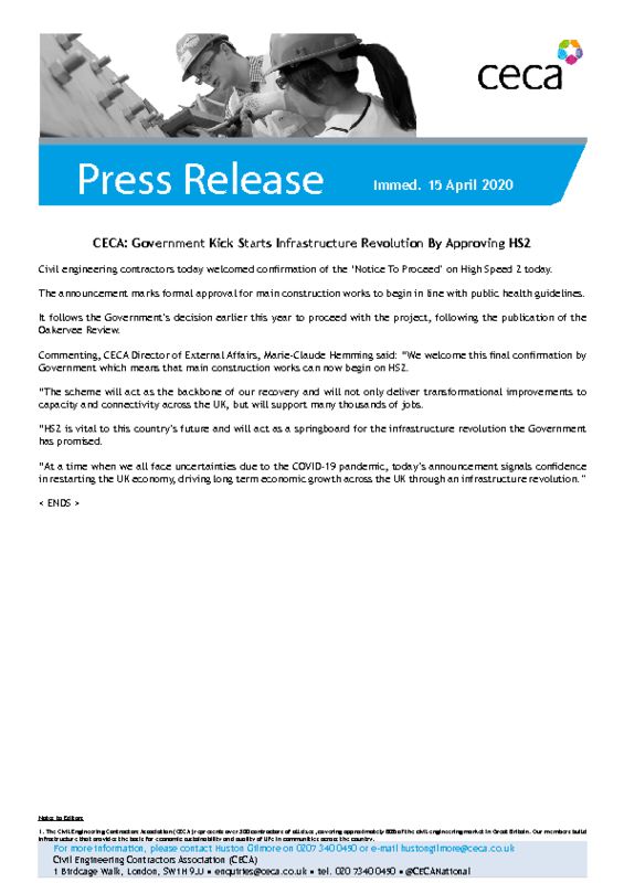 thumbnail of PRESS RELEASE – CECA – Government Kick Starts Infrastructure Revolution By Approving HS2 – Immed. 15 April 2020