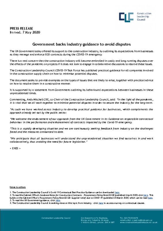 thumbnail of CLC Press Release – Government Backs Industry Guidance To Avoid Disputes – Immed. 7 May 2020