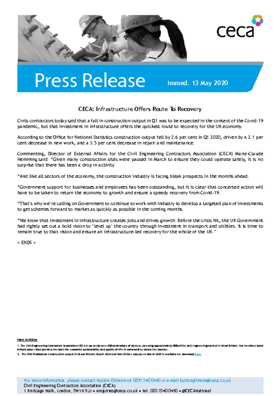 thumbnail of PRESS RELEASE – CECA – Infrastructure Offers Route To Recovery – Immed. 13 May 2020