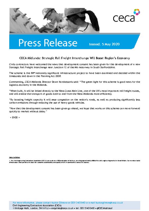 thumbnail of PRESS RELEASE – CECA Midlands – Strategic Rail Freight Interchange Will Boost Region’s Economy – Immed. 5 May 2020