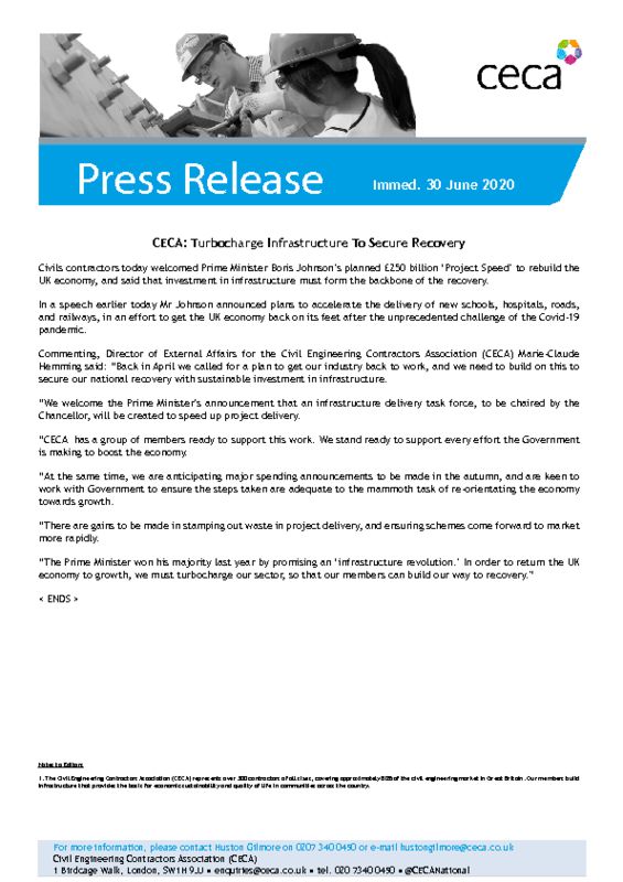 thumbnail of PRESS RELEASE – CECA – Turbocharge Infrastructure To Secure Recovery – Immed. 30 June 2020
