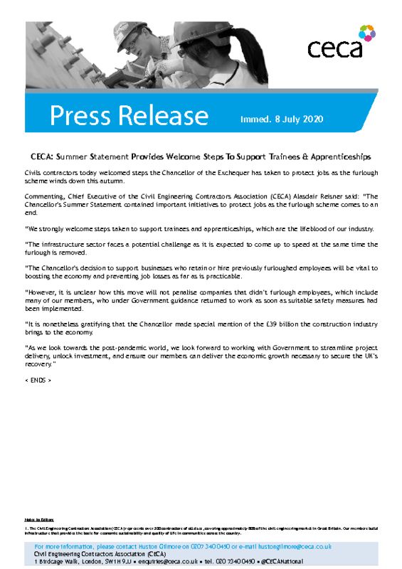 thumbnail of PRESS RELEASE – CECA – Chancellor’s Summer Statement Provides Welcome Steps To Support Trainees & Apprenticeships – Immed. 8 July 2020