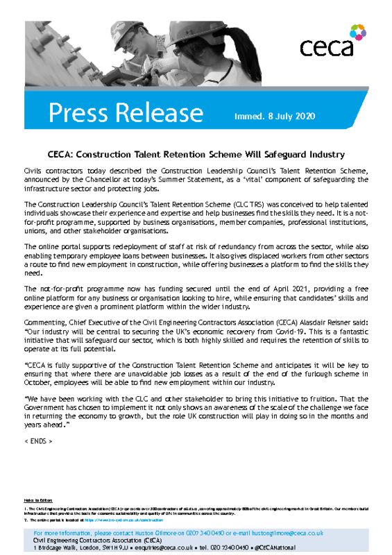 thumbnail of PRESS RELEASE – CECA – Construction Talent Retention Scheme Will Safeguard Industry – Immed. 8 July 2020