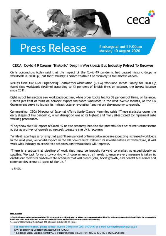 thumbnail of PRESS RELEASE – CECA – Covid-19 Causes ‘Historic’ Drop In Workloads But Industry Poised To Recover – EMBARGOED until 9.00am Monday 10 August 2020